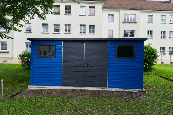 Ogłoszenie - Domek narzędziowy 5x4 blaszany niebieski grafit MAT spad na tył, okna, brama. Zdjęcie 2