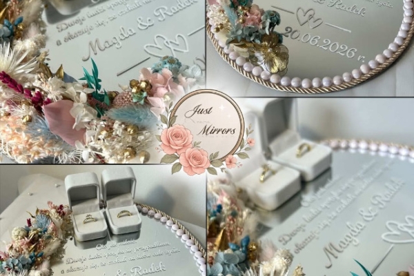Ogłoszenie - Lustro ślubne, podstawka pod obrączki, prezent ślubny, tacka pod obrączki ślubne dekoracja ślubna lustro personalizowane. Zdjęcie 3