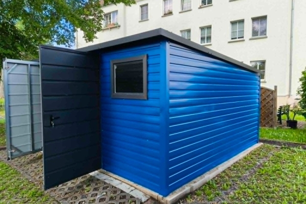 Ogłoszenie - Domek narzędziowy 5x4 blaszany niebieski grafit MAT spad na tył, okna, brama. Zdjęcie 4