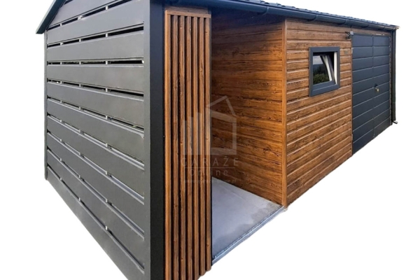 Ogłoszenie - Schowek - domek ogrodowy PREMIUM 4x2,5m - wiata 2m - brama - okno drewnopodobny - dekor z lameli rynna ID1106. Zdjęcie 1