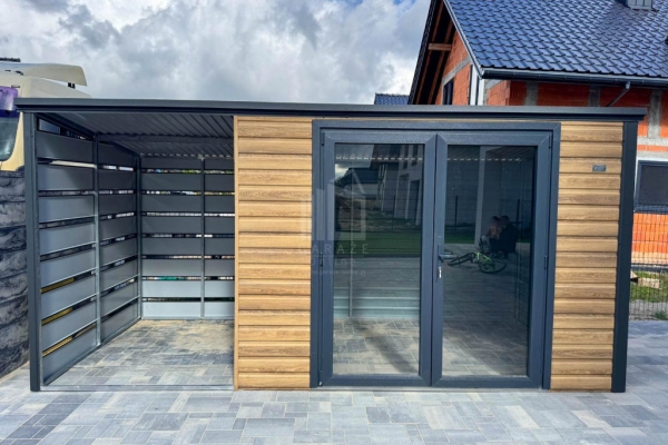 Ogłoszenie - Schowek domek ogrodowy PREMIUM 3,5x2m - wiata 2m - drzwi PCV - winchester - drewnopodobny - dach spad w tył  ID1104. Zdjęcie 2