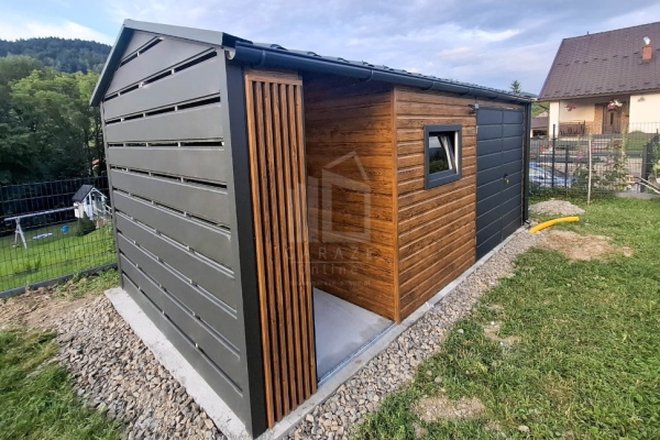 Ogłoszenie - Schowek - domek ogrodowy PREMIUM 4x2,5m - wiata 2m - brama - okno drewnopodobny - dekor z lameli rynna ID1106. Zdjęcie 4