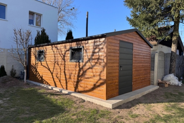 Ogłoszenie - Schowek domek ogrodowy 3x5m - drzwi - 2x okno - jasny orzech - drewnopodobny - rynna - dach dwuspadowy ID1081. Zdjęcie 4
