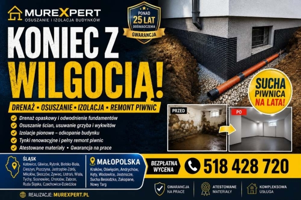 Ogłoszenie - Drenaż fundamentów, osuszanie, izolacja, remonty piwnic Śląsk / Małopolska. Zdjęcie 3