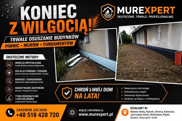Ogłoszenie - Osuszanie budynków, izolacja fundamentów, iniekcja krystaliczna, podcinanie ścian Małopolska/ Śląsk. Zdjęcie 1