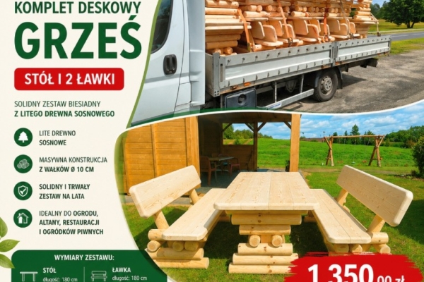 Ogłoszenie - Komplet deskowy GRZEŚ z sosnowych desek – masywny stół i dwie ławki do ogrodu, baru i restauracji. Zdjęcie 1
