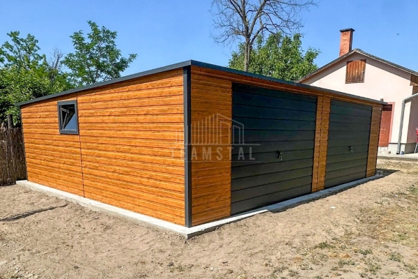 Ogłoszenie - Garaż blaszany 8,5x6m - 2x brama uchylna - drzwi - okno - jasny orzech - drewnopodobny - antracyt - dach TS1120. Zdjęcie 3