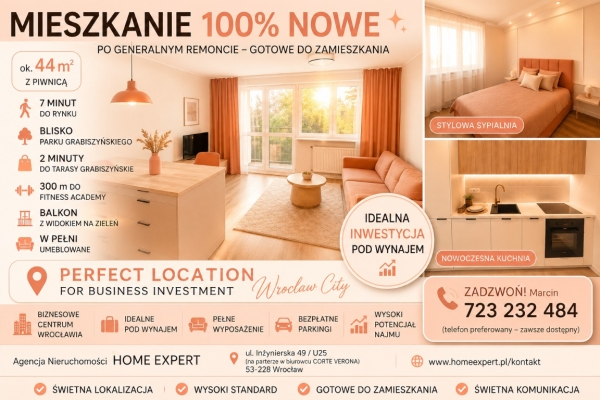 Ogłoszenie - 2pok, 44met, Okolice Księgowej PO REMONCIE/BALKON/PIWNICA (Wrocław). Zdjęcie 1