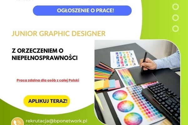 Ogłoszenie - Junior Graphic Designer (K,M) z orzeczeniem o niepełnosprawności - praca zdalna dla osób z całej Polski. Zdjęcie 1