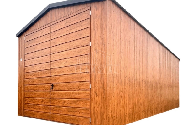 Ogłoszenie - Hala - Garaż blaszany 4x8 m - brama dwuskrzydłowa - jasny orzech - drewnopodobny - dach dwuspadowy TS1286. Zdjęcie 1