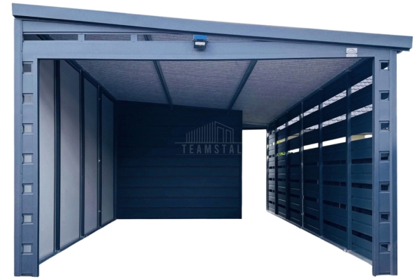 Ogłoszenie - Carport - wiata samochodowa 3,5x6 m - pomieszczenie gospodarcze - drzwi - okno - antracyt - dach spad w bok TS1335. Zdjęcie 1