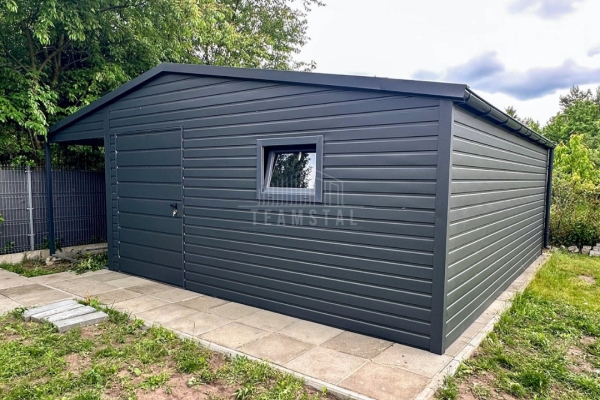 Ogłoszenie - Schowek domek ogrodowy 4,5x5m + wiata 1,5m - drzwi - okno - antracyt - rynny - dach dwuspadowy - blachodachówka TS1163. Zdjęcie 3
