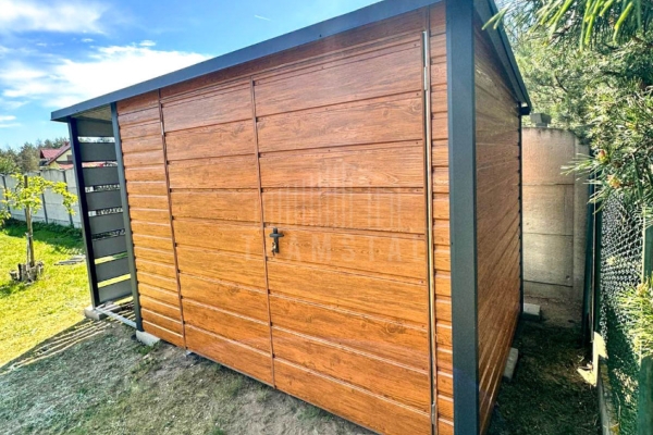 Ogłoszenie - Schowek - domek ogrodowy 3x3 m + wiata 1x3 m - brama dwuskrzydłowa - jasny orzech - drewnopodobny dach TS1291. Zdjęcie 3