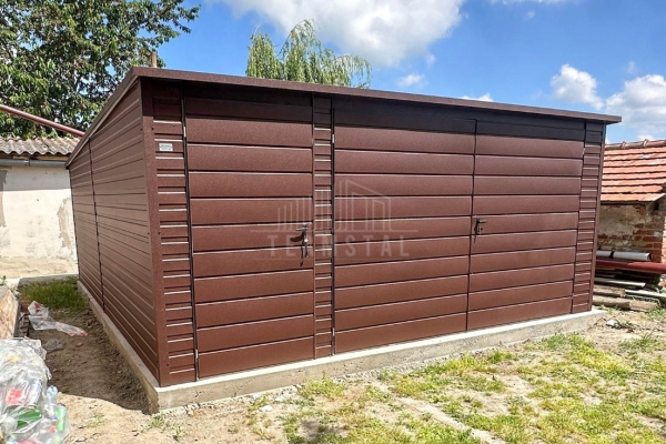 Ogłoszenie - Garaż blaszany 5x5 m - brama dwuskrzydłowa - drzwi - okno - ciemny brąz - dach spad w tył TS1305. Zdjęcie 4