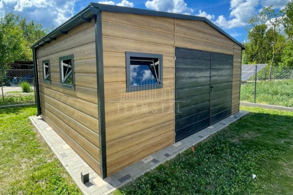Ogłoszenie - Garaż blaszany 6x5m - brama dwuskrzydłowa - 3x okno - winchester - drewnopodobny - dach dwuspadowy - rynny TS1316. Zdjęcie 6