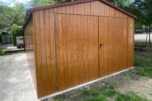 Ogłoszenie - Garaż blaszany 5x6m - brama dwuskrzydłowa - jasny orzech - drewnopodobny - dach dwuspadowy - rynny TS1313. Zdjęcie 2