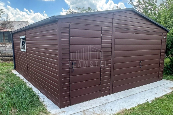 Ogłoszenie - Garaż blaszany 6x6 m - brama uchylna - drzwi - okno - ciemny brąz - dach dwuspadowy - rynny TS1319. Zdjęcie 3