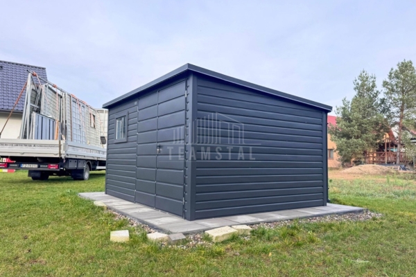 Ogłoszenie - Schowek - domek ogrodowy 4x3 m - brama dwuskrzydłowa - 2 x okno - antracyt - dach spad do tyłu - rynna TS1346. Zdjęcie 2