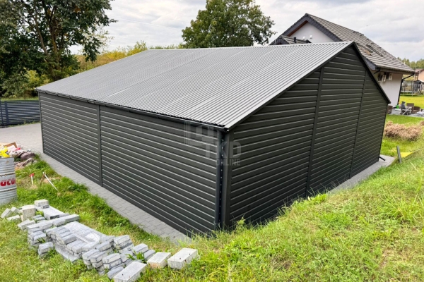 Ogłoszenie - Garaż blaszany 8x6m - 2 x brama uchylna - drzwi - podwyższony szczyt - antracyt - dach dwuspadowy - rynny TKD423. Zdjęcie 6