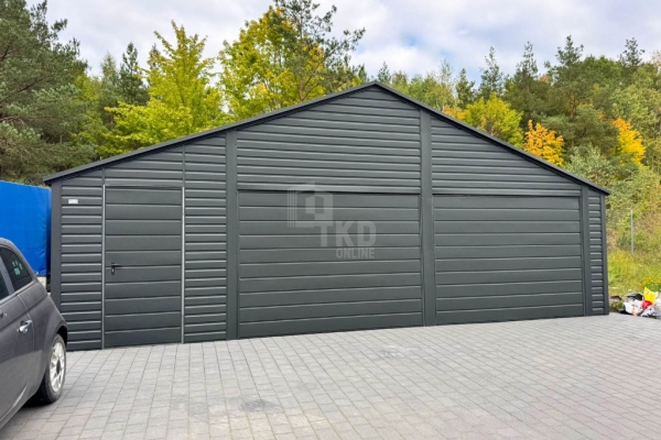 Ogłoszenie - Garaż blaszany 8x6m - 2 x brama uchylna - drzwi - podwyższony szczyt - antracyt - dach dwuspadowy - rynny TKD423. Zdjęcie 3