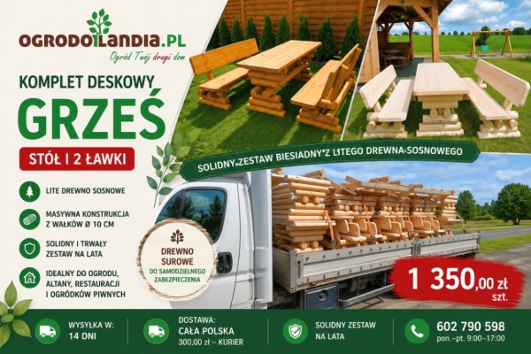 Ogłoszenie - Masywny komplet biesiadny GRZEŚ – sosnowy komplet stół + dwie ławki na lata. Zdjęcie 1