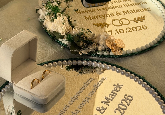 Ogłoszenie - Podstawka pod obrączki ślubne, prezent ślubny, presonalizowane akcesoria ślubne, tacka na obrączki ślubne. Zdjęcie 1
