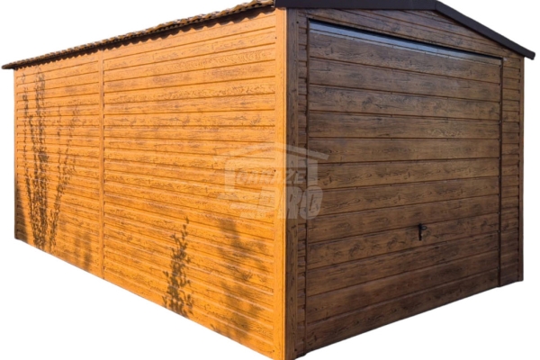 Ogłoszenie - Garaż blaszany 3,5x6m - Brama uchylna - automat - jasny orzech - drewnopodobny - blachodachówka - Dach dwuspadowy GP673. Zdjęcie 1