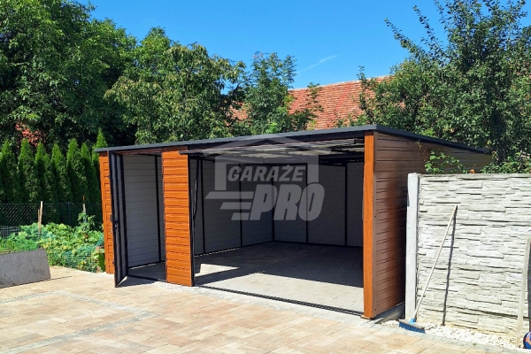 Ogłoszenie - Garaż blaszany 5x6m - Brama uchylna - drzwi - drewnopodobny złoty dąb- Dach spad w tył GP654. Zdjęcie 2