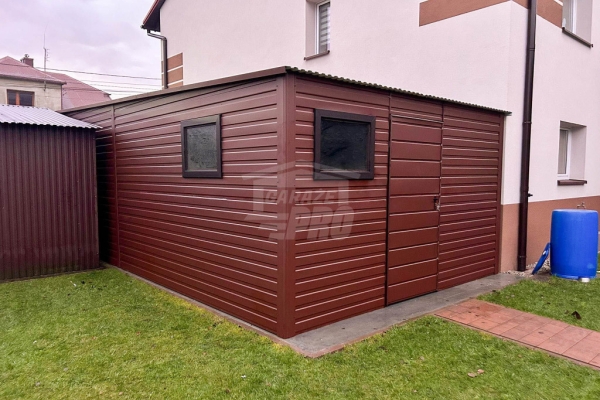 Ogłoszenie - Garaż blaszany 3x6m - brama dwuskrzydłowa- 2x okno - drzwi - ciemny brąz - dach spad w tył GP713. Zdjęcie 3