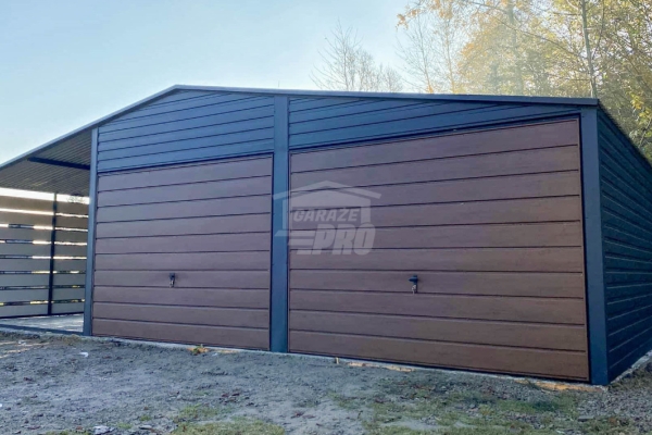 Ogłoszenie - Garaż blaszany 6x6m - wiata 3m - 2x Brama  - Antracyt - ciemny orzech - drewnopodobny Dach dwuspadowy GP681. Zdjęcie 2