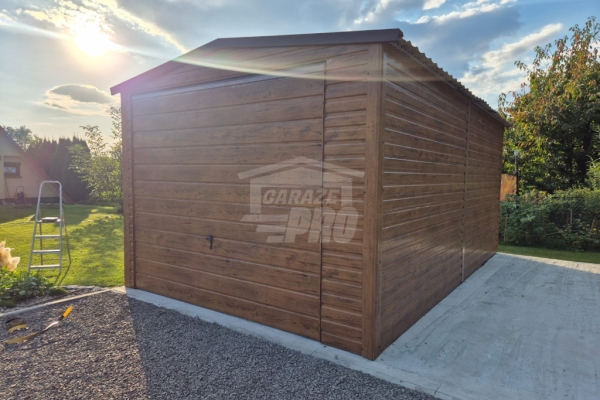 Ogłoszenie - Garaż blaszany 3,5x6m - Brama uchylna - automat - jasny orzech - drewnopodobny - blachodachówka - Dach dwuspadowy GP673. Zdjęcie 3