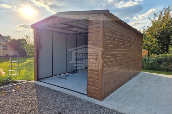 Ogłoszenie - Garaż blaszany 3,5x6m - Brama uchylna - automat - jasny orzech - drewnopodobny - blachodachówka - Dach dwuspadowy GP673. Zdjęcie 2