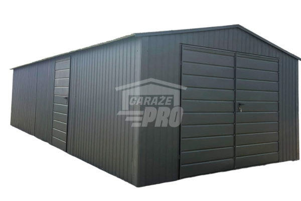 Ogłoszenie - Garaż blaszany 4,5x8 m - brama dwuskrzydłowa - drzwi - antracyt - dach dwuspadowy GP764. Zdjęcie 1
