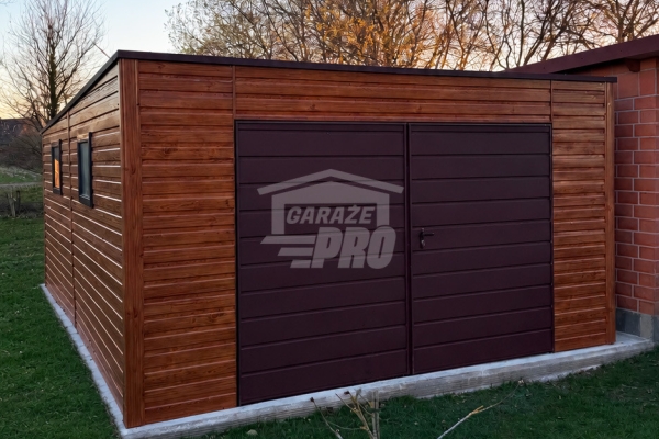 Ogłoszenie - Garaż blaszany 4,5x6 m - brama dwuskrzydłowa - 2x okno - jasny orzech - dach GP762. Zdjęcie 2