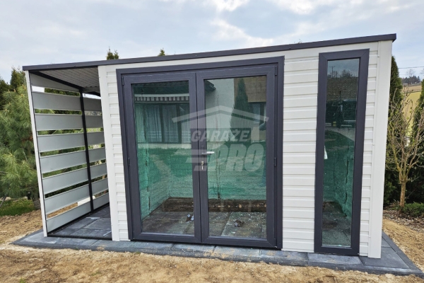 Ogłoszenie - Schowek - domek ogrodowy 3,5x2 m + wiata 1x3 m - drzwi PCV - 2x okno - biały - antracyt - dach spad w tył GP748. Zdjęcie 2
