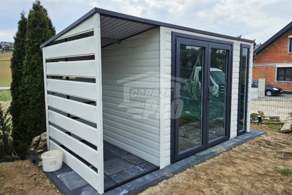 Ogłoszenie - Schowek - domek ogrodowy 3,5x2 m + wiata 1x3 m - drzwi PCV - 2x okno - biały - antracyt - dach spad w tył GP748. Zdjęcie 3