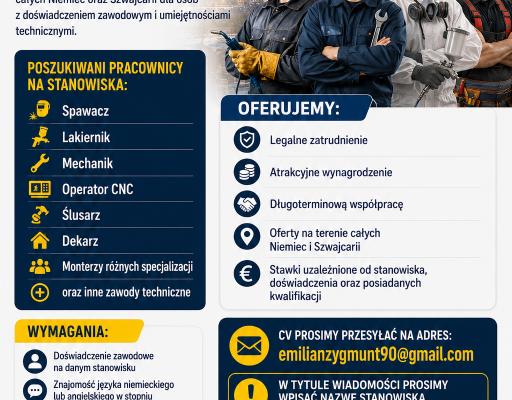 Ogłoszenie - PRACA W NIEMCZECH I SZWAJCARII – STANOWISKA TECHNICZNE. Zdjęcie 1