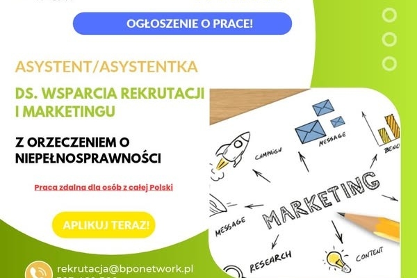 Ogłoszenie - Asystent/Asystentka ds. wsparcia rekrutacji i marketingu – praca zdalna dla osoby z orzeczeniem o niepełnosprawności. Zdjęcie 1