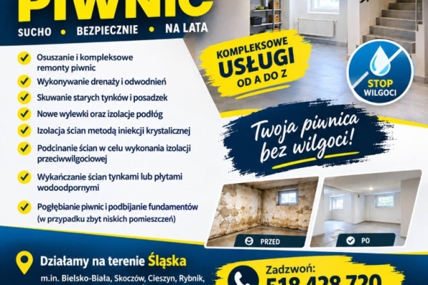 Ogłoszenie - Osuszanie i remonty piwnic, pogłębianie i podbijanie fundamentów Śląsk/Małopolska. Zdjęcie 1