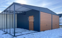 Ogłoszenie - Garaż blaszany 6x6m + wiata 3m - 2x brama uchylna - antracyt - ciemny orzech - dach dwuspadowy GP585. Miniaturka 3