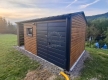 Ogłoszenie - Schowek - domek ogrodowy 4x2,5m - wiata 2m - brama - okno - jasny orzech - drewnopodobny - dekor z lameli - rynna ID1106. Miniaturka 2