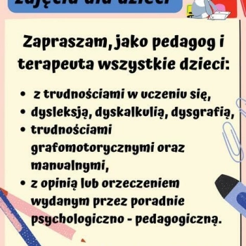 Ogłoszenie - Edukacja wczesnoszkolna, zajęcia wyrównawcze i terapeutyczne - 100,00 zł