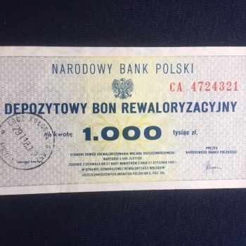 Ogłoszenie - PRL bon depozytowy 1000 zł CA - 20,00 zł