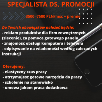 Ogłoszenie - SPESCJALISTA DS. PROMOCJI - Małopolskie - 4 500,00 zł