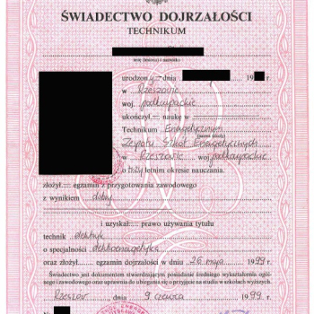 Ogłoszenie - Świadectwo ukończenia szkoły średniej z wpisem Świadectwo ukończenia szkoły średniej online Ile kosztuje matura z wpisem - 950,00 zł