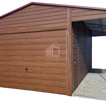 Ogłoszenie - Garaż blaszany 4x6m + wiata 1,5m - brama uchylna - drzwi - ciemny orzech - drewnopodobny - dach dwuspadowy ID982