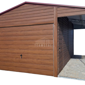 Ogłoszenie - Garaż blaszany 4x6m + wiata 1,5m - brama uchylna - drzwi - ciemny orzech - drewnopodobny - dach dwuspadowy TS1065