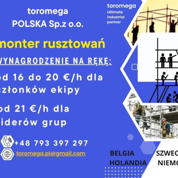 Ogłoszenie - Praca w UE.  Szukamy:  Monterów rusztowań - 85,00 zł