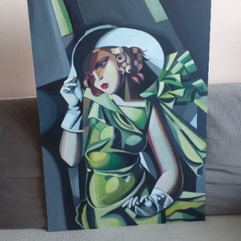 Ogłoszenie - Sprzedam obraz malowany ręcznie - Kobieta w kapeluszu - Tamara Łempicka - 50 na 70 cm