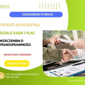 Ogłoszenie - Asystent/Asystentka w dziale kadr i płac z orzeczeniem o niepełnosprawności - praca w Warszawie (Ochota)